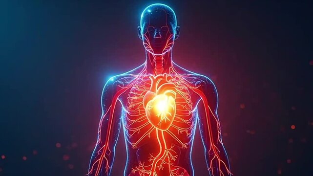 Human Body with Glowing Heart and Circulatory System Animation