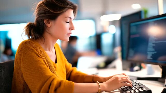 Faceless female software engineer writing code on desktop computer heavily defocused multiple screens setup background anonymous professional Caucasian woman in coworking office