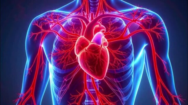 Glowing Human Heart and Circulatory System in Transparent Upper Body &ndash; Medical Animation