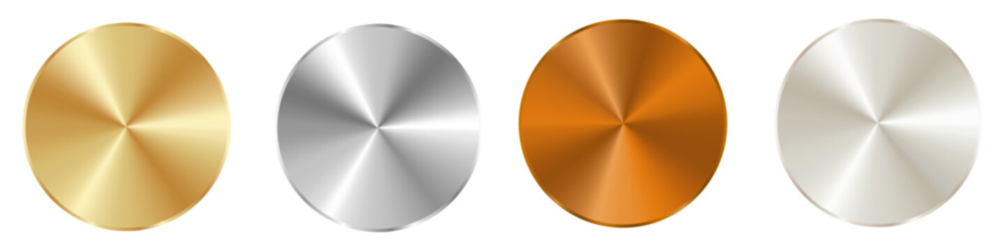 Radial metal gradients in silver, gold, bronze, and aluminum colors with a polished chrome effect, holographic steel texture, and round glossy plate surface. Vector foil background for modern design
