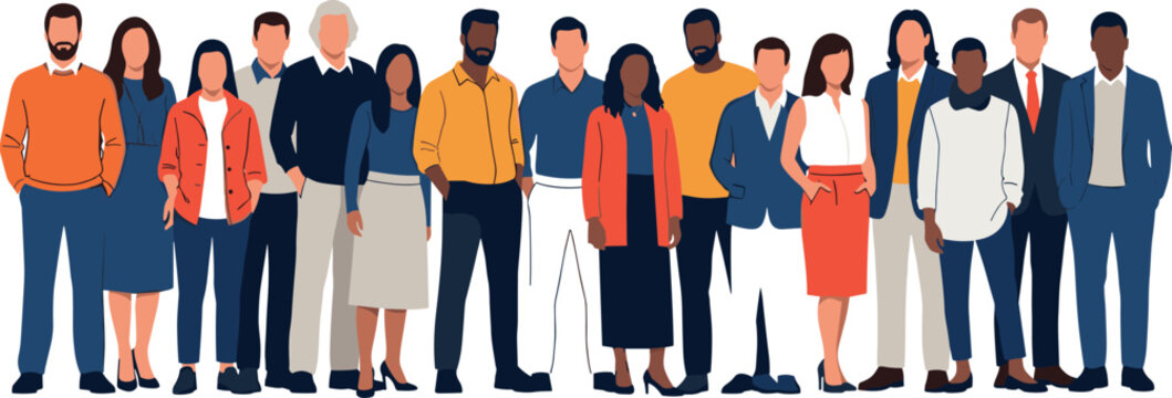 Group of diverse people standing together as a professional team or community flat vector illustration isolated on white