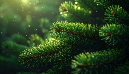 Close-up of vibrant evergreen needles with glistening water droplets and bokeh effects in soft sunlight, creating a festive scene