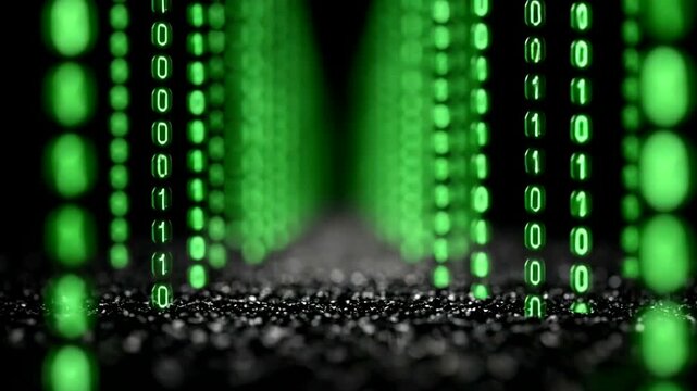Green binary code streams creating a digital landscape