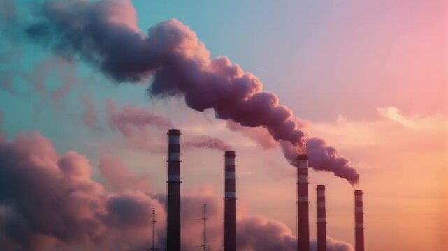 Smoke from factory chimneys against the backdrop of the sunset paints the sky in alarming shades, reminding us of the environmental crisis. It is in demand in social projects where a dramatic backgrou