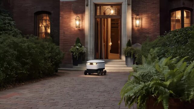 Delivery robot moves along a brick path near a home in a quiet neighborhood during evening hours