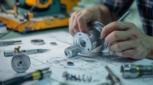 The master carefully assembles the metal mechanism on a workbench surrounded by drawings and tools, bringing technical precision to life. Suitable for demonstrating engineering processes, where the in