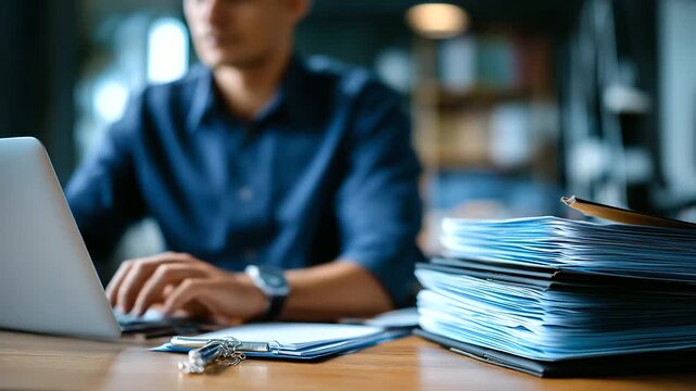 Document management system being setup by faceless IT consultant heavily defocused office background anonymous professional working on laptop software for archiving searching