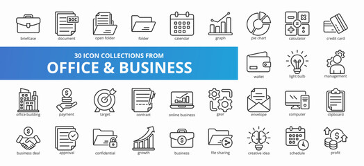 Set of 30 collection of office and business icons suitable for web and mobile application. Set of outline style icons with briefcase, document, open folder, folder, and more icons.