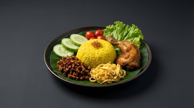 Indonesian Nasi Kuning with Fried Chicken and Tempeh Isolated Background