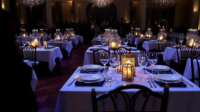 Luxurious wedding reception dining tables beautifully decorated with crystal chandeliers and elegant place settings for a celebration