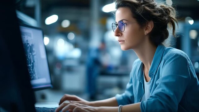 Faceless female mechanical engineer designing 3D engine on computer heavily defocused factory background anonymous male automation engineer programming robotic arm industrial
