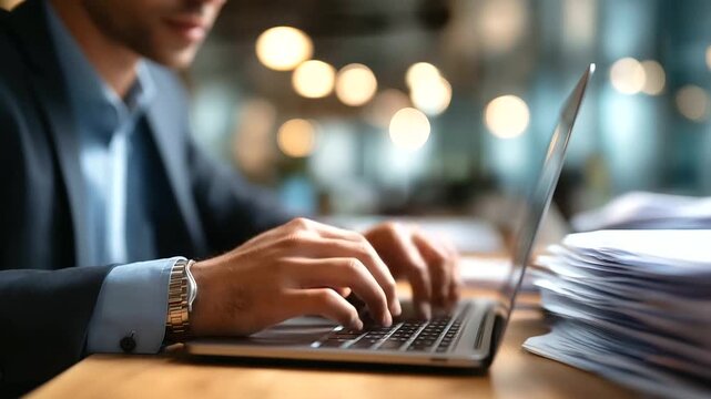 Document management system being setup by faceless IT consultant heavily defocused office background anonymous professional working on laptop software for archiving searching