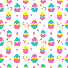 Seamless pattern with Easter colorful eggs spring plants leaves and hearts on white background