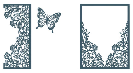 Intricate floral and butterfly laser cut designs on white cards showcasing delicate paper art silhouette high quality professional detailed modern elegant © CreativeAlim02