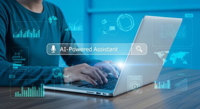 Person using laptop with ai powered assistant on screen in blue background
