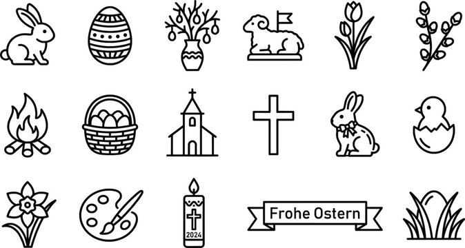 German Easter Ostern Traditions Line Art Icon Set