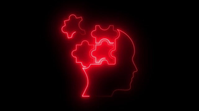 Glowing neon red color autism icon isolated on black background. HD Video motion graphic animation icon. 4k video