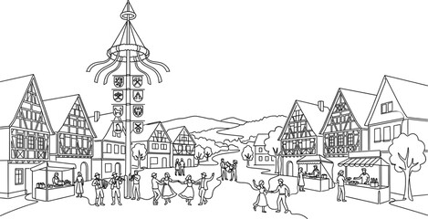 Fototapeta premium German Maypole Maibaum Town Square Monoline Background