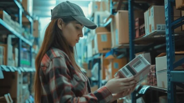 In a huge warehouse, a worker carefully examines a box of goods, emphasising the importance of quality control in production &mdash; the perfect backdrop for articles on logistics and inventory management.

