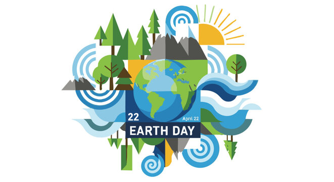 Earth Day Illustration with Globe and Greenery in Vibrant Colors on White Background for Environmental Awareness Campaign