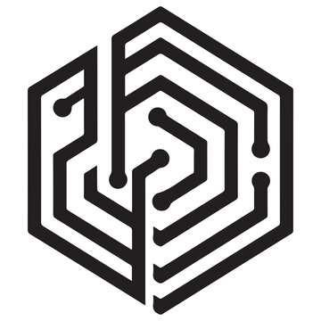Minimalist hexagonal circuit board logo icon representing digital connectivity and technological innovation, isolated on a white background for modern branding and tech UI design.