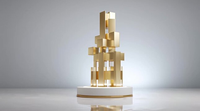 Golden Award on a Pedestal: A pristine golden award, intricately designed with a geometric structure, rests proudly on a minimalist pedestal, suggesting prestige and recognition.