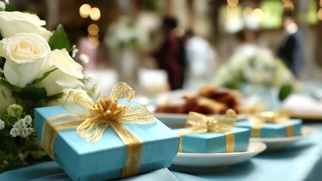 Wedding guest gift setup presentation heavily defocused celebration background event favor arrangement matrimonial reception display special occasion styling with copy space