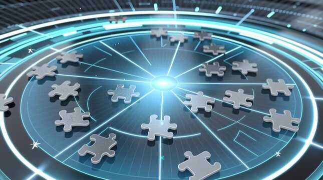 Digital Puzzle of Technology: A close-up view presents an abstract technological concept, featuring a collection of puzzle pieces, forming a circle above a glowing, digital grid.
