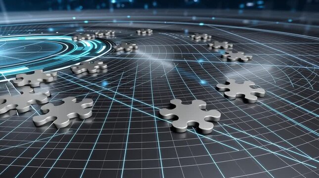 Puzzling Innovation: Scattered jigsaw puzzle pieces symbolize collaboration, connection, and the pursuit of solutions in a digital environment.