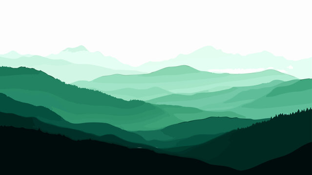 Vector Serene landscape of layered mountains in varying shades of green, evokes a sense of depth, tranquility, and natural grandeur in this minimalistic art. Design