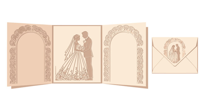 An elegant beige wedding invitation card with a detailed laser cut design featuring a couple s silhouette high quality professional detailed modern stylish