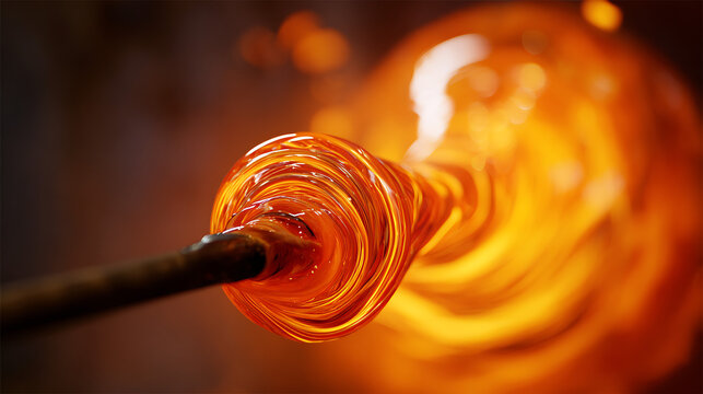 Professional glassblowing process showing glowing molten glass being shaped on a blowpipe in a furnace workshop. High temperature industrial craft and artistry.
