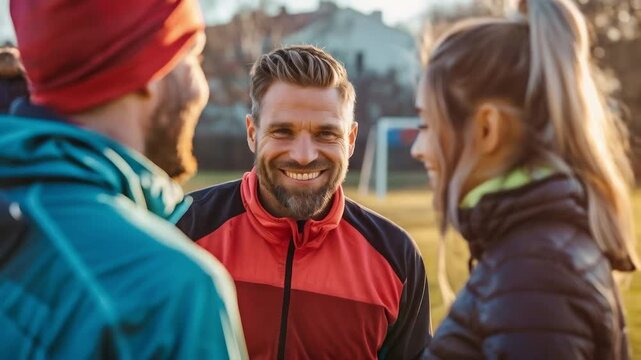 A smiling coach in a sports jacket discusses tactics with his team on the field, creating an atmosphere of trust and motivation &mdash; the perfect visual backdrop for advertising sports equipment or traini