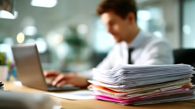 Document management system being setup by faceless IT consultant heavily defocused office background anonymous professional working on laptop software for archiving searching