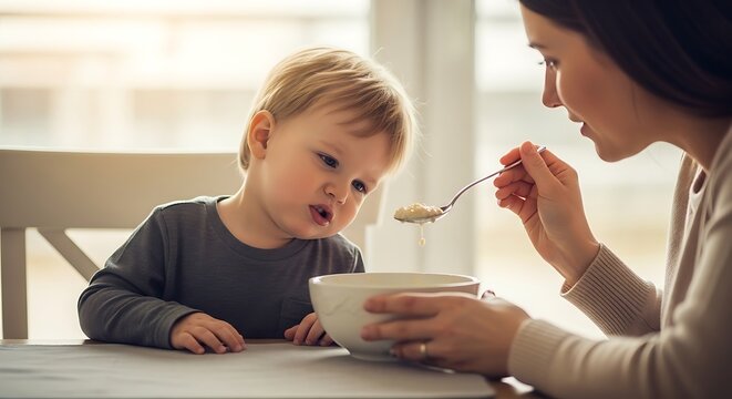 A caring mother gently spoon-feeding her curious young child solid food from a bowl at the dining table.