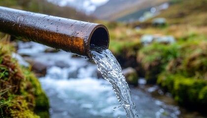 Water flows from rusty pipe into serene stream with mossy banks