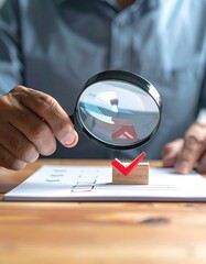 Person examining a document with magnifying glass and a checkmark