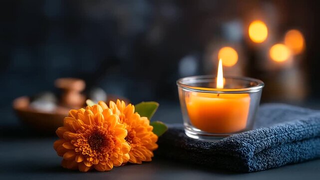Beautiful spa composition with candle and flower heavily defocused background wellness decor elements arrangement relaxation atmosphere setup beauty treatment styling with cop
