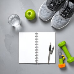 Workout setup sneakers, journal, dumbbells, apple, water on a gray surface