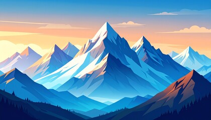 Fototapeta premium Majestic alpine landscape featuring a dramatic snow-capped mountain range under a vibrant, stylized sky at dawn, evoking a sense of adventure and natural beauty