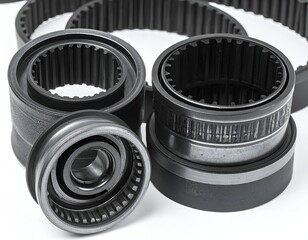 Precision mechanical components. Gears, bearings, and rings on a white backdrop