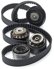 Automotive parts timing belts and idler pulleys, isolated on white
