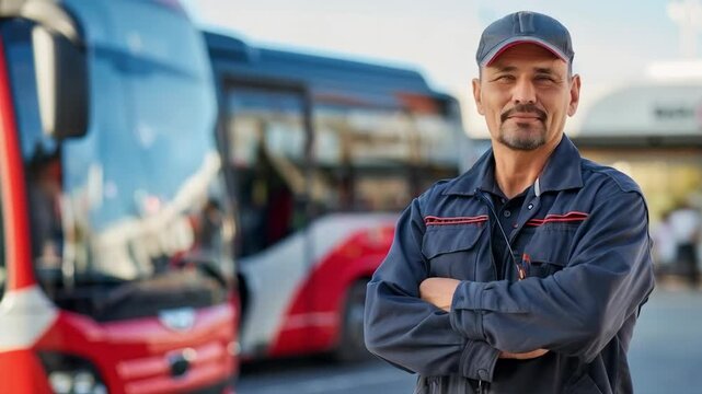 A confident mechanic in overalls stands in front of buses, demonstrating professionalism and reliability &mdash; an excellent backdrop for advertising car services or transport companies.
