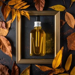 An amber-toned bottle inside a gold frame, surrounded by autumn leaves