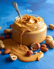 Creamy spread oozing from a jar with nuts on vibrant blue surface
