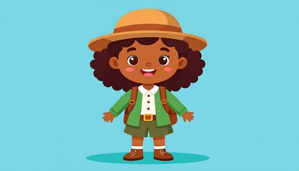 A cartoon child with dark skin stands centered against a light blue backdrop, wearing a green safari outfit and a hat