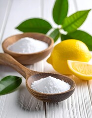 Wooden spoon with white powder, lemon and leaves on a white board
