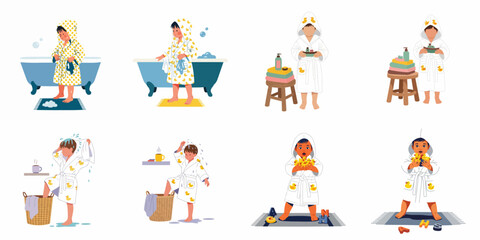 Fototapeta premium Children's Bath Time Routine: A collection of delightful moments with kids in duck-patterned bathrobes, from bathing to playing.