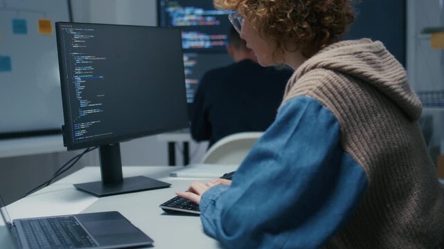 Software Engineer, AI Programmer Software Developing, Focused Female Computer Programmer working on Computer Writing Code, Developing software application looking at Screen in Tech Office at night.