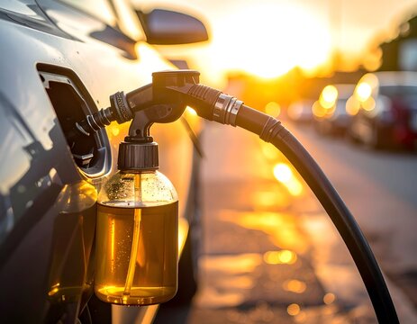 Electric vehicle charging, back lit by the setting sun